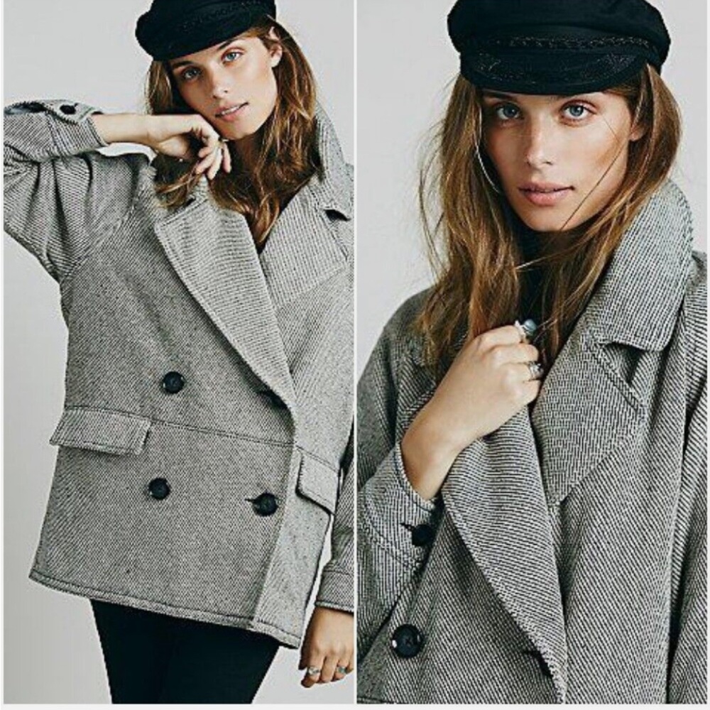 Free People Gray Herringbone Double-Breasted Pea Coat - Picture 3 of 4